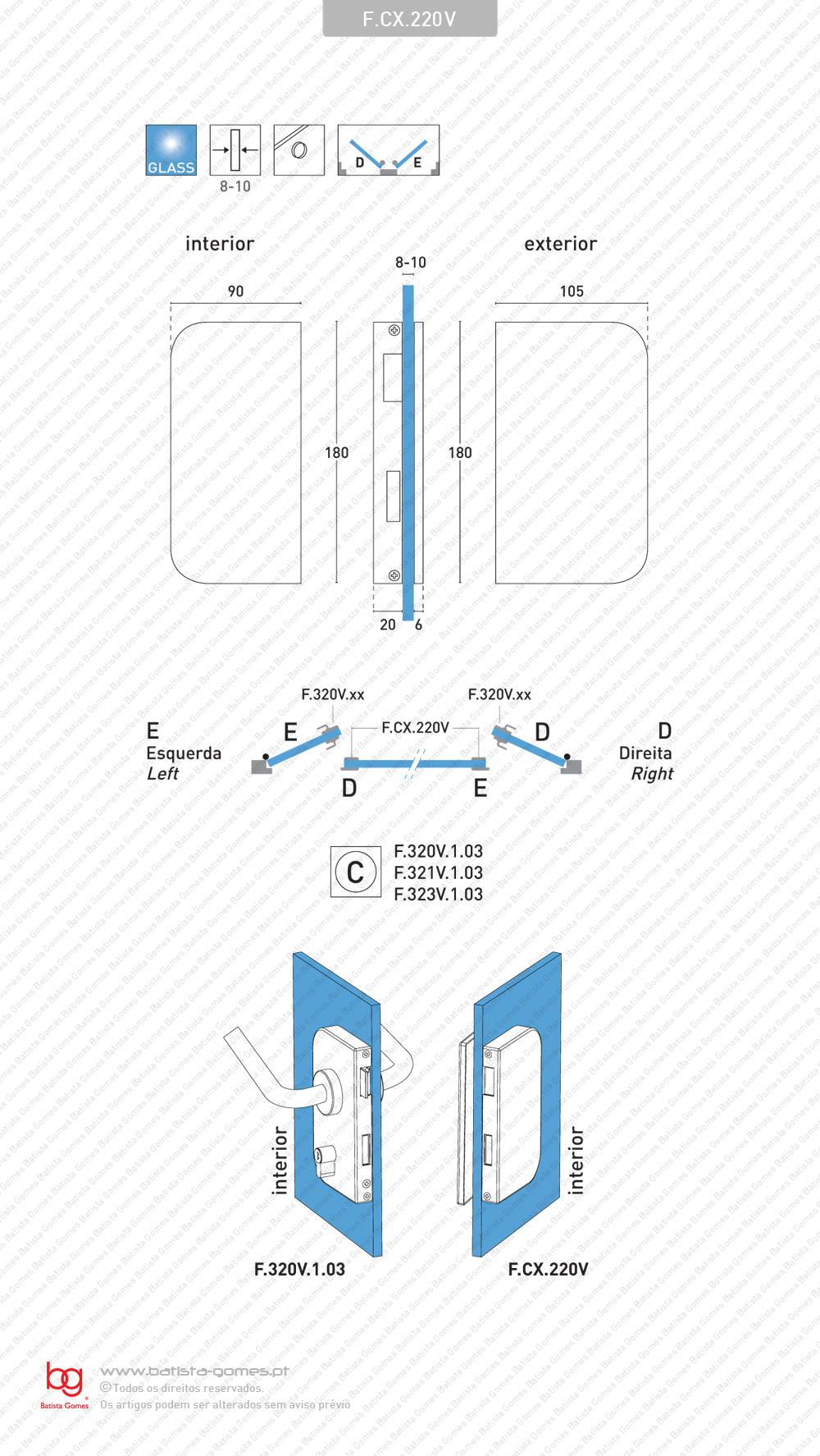 Caixa / Chapa testa para folha oposta em vidro compat�vel com fechaduras s�rie F.320V - F.321V - F.323V